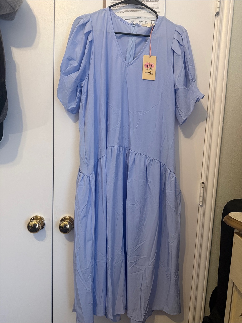 entro Light Blue V-Neck Tiered Midi Dress with Puff Sleeves - Picture 1 of 2